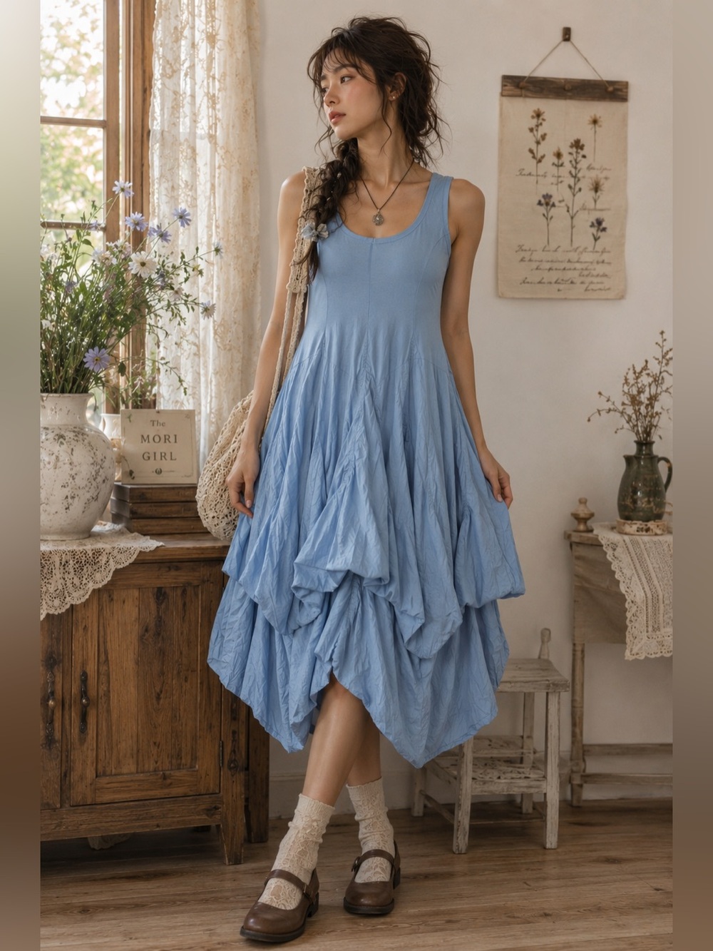 Vasna Desire 2-Way Blue Bubble Dress S NWT Mori Girl Fairycore Artsy Lagenlook Q